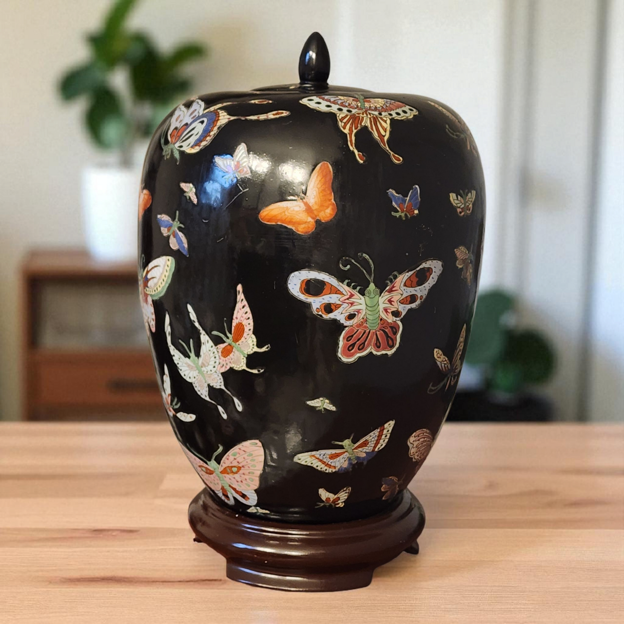 Vintage Chinese Black Porcelain Ginger Jar with Multicolor Butterfly Design Hand-Painted c.1960s–1980s