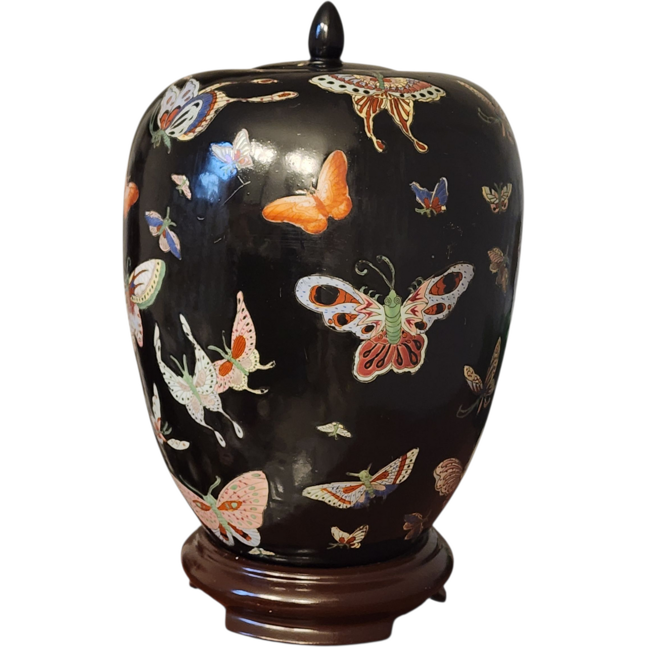 Vintage Chinese Black Porcelain Ginger Jar with Multicolor Butterfly Design Hand-Painted c.1960s–1980s