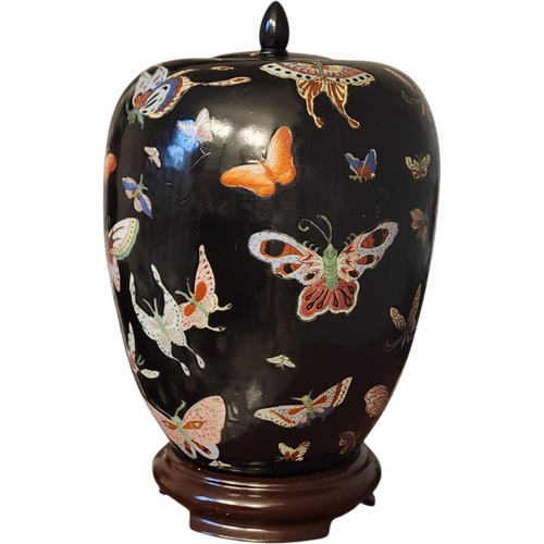 Vintage Chinese Black Porcelain Ginger Jar with Multicolor Butterfly Design Hand-Painted c.1960s–1980s