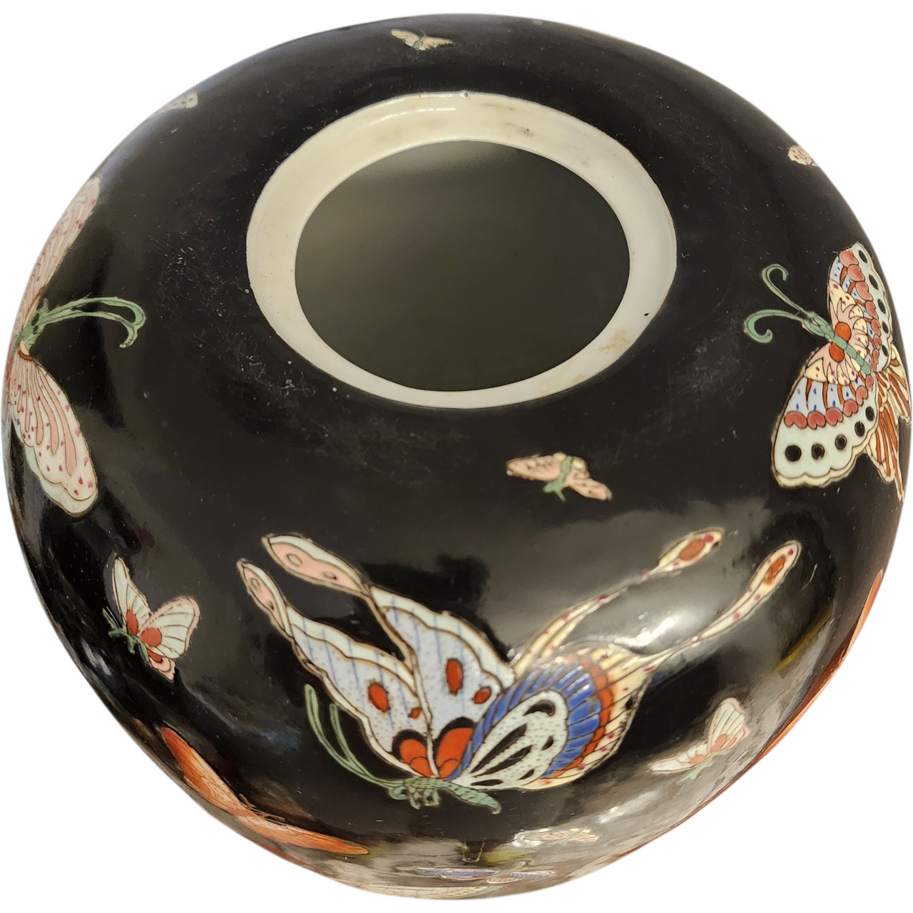 Vintage Chinese Black Porcelain Ginger Jar with Multicolor Butterfly Design Hand-Painted c.1960s–1980s