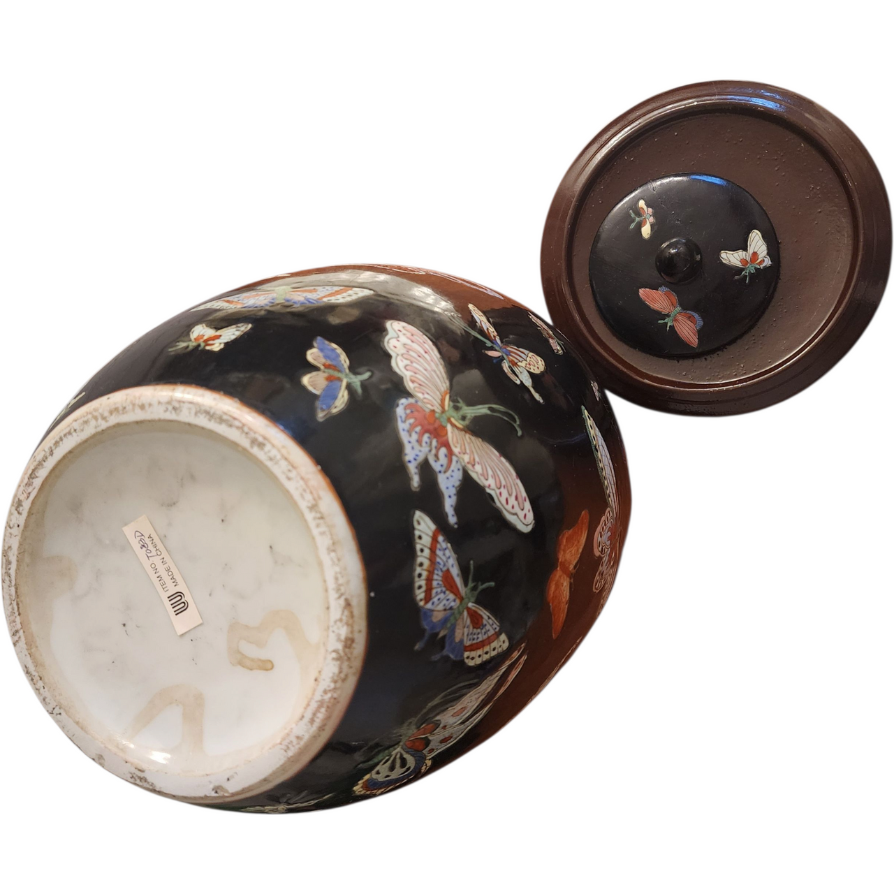 Vintage Chinese Black Porcelain Ginger Jar with Multicolor Butterfly Design Hand-Painted Lid Repaired  c.1960s–1980s