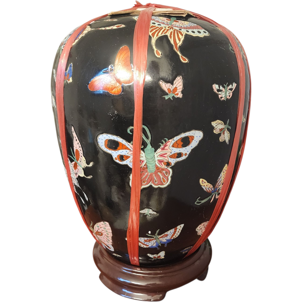 Vintage Chinese Black Porcelain Ginger Jar with Multicolor Butterfly Design Hand-Painted c.1960s–1980s