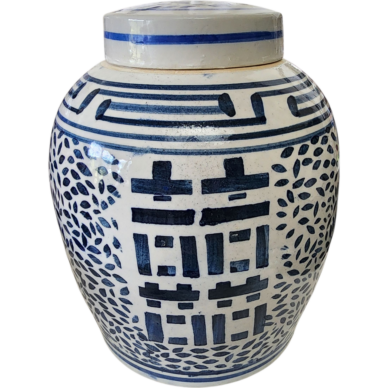 Vintage Chinese Double Happiness Ginger Jar Blue & White Porcelain Lidded Jar Marriage Symbol  Lid Chip