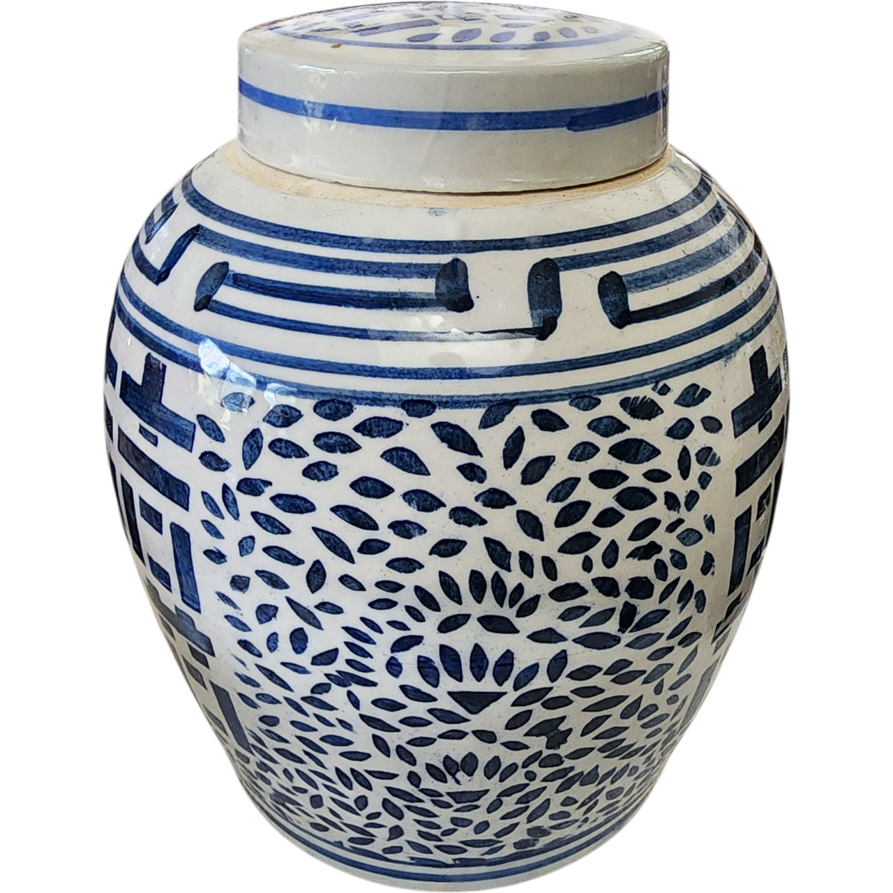 Vintage Chinese Double Happiness Ginger Jar Blue & White Porcelain Lidded Jar Marriage Symbol  Lid Chip