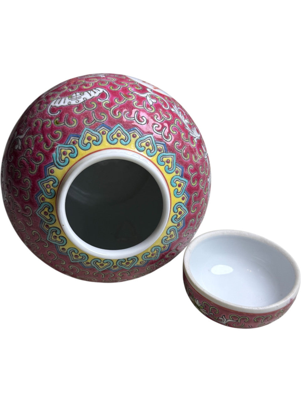 Vintage Chinese Famille Rose Ginger Jar with Lid Pink Floral & Bat Motif Jingdezhen Mark