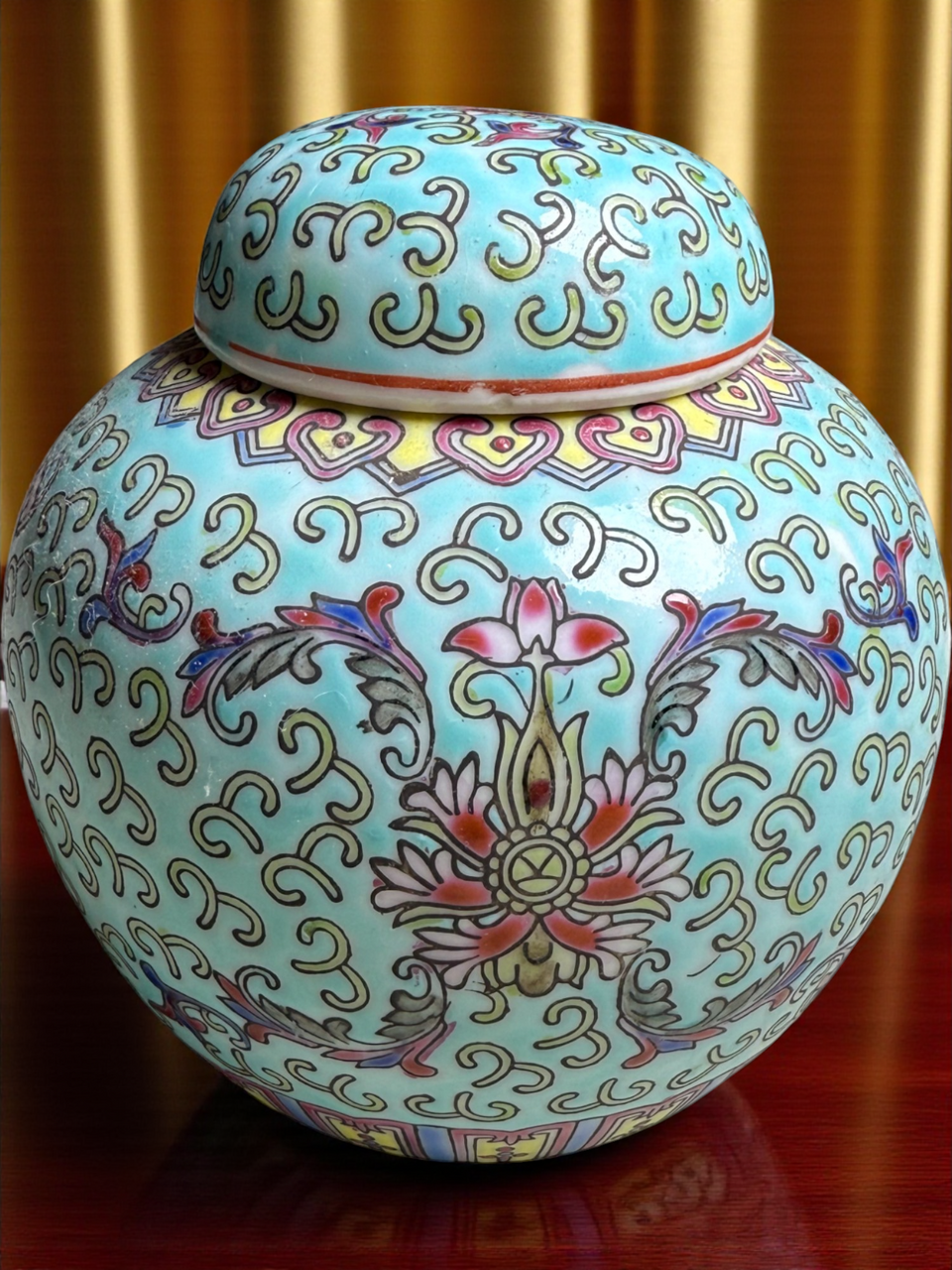 Vintage Chinese Famille Rose Ginger Jar with Lid Turquoise Enamel Ground Floral Scrolls Jingdezhen Mark 20th Century
