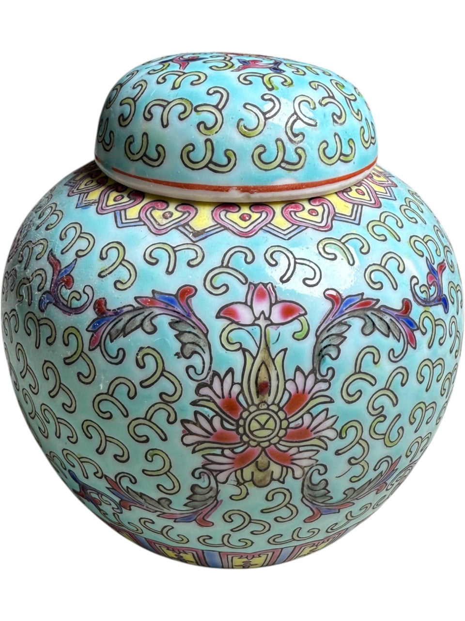 Vintage Chinese Famille Rose Ginger Jar with Lid Turquoise Enamel Ground Floral Scrolls Jingdezhen Mark 20th Century