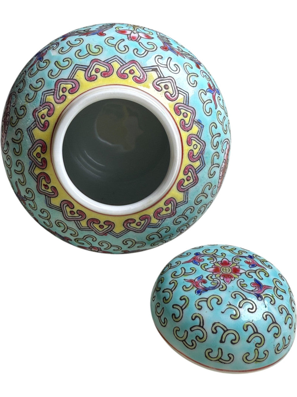 Vintage Chinese Famille Rose Ginger Jar with Lid Turquoise Enamel Ground Floral Scrolls Jingdezhen Mark 20th Century