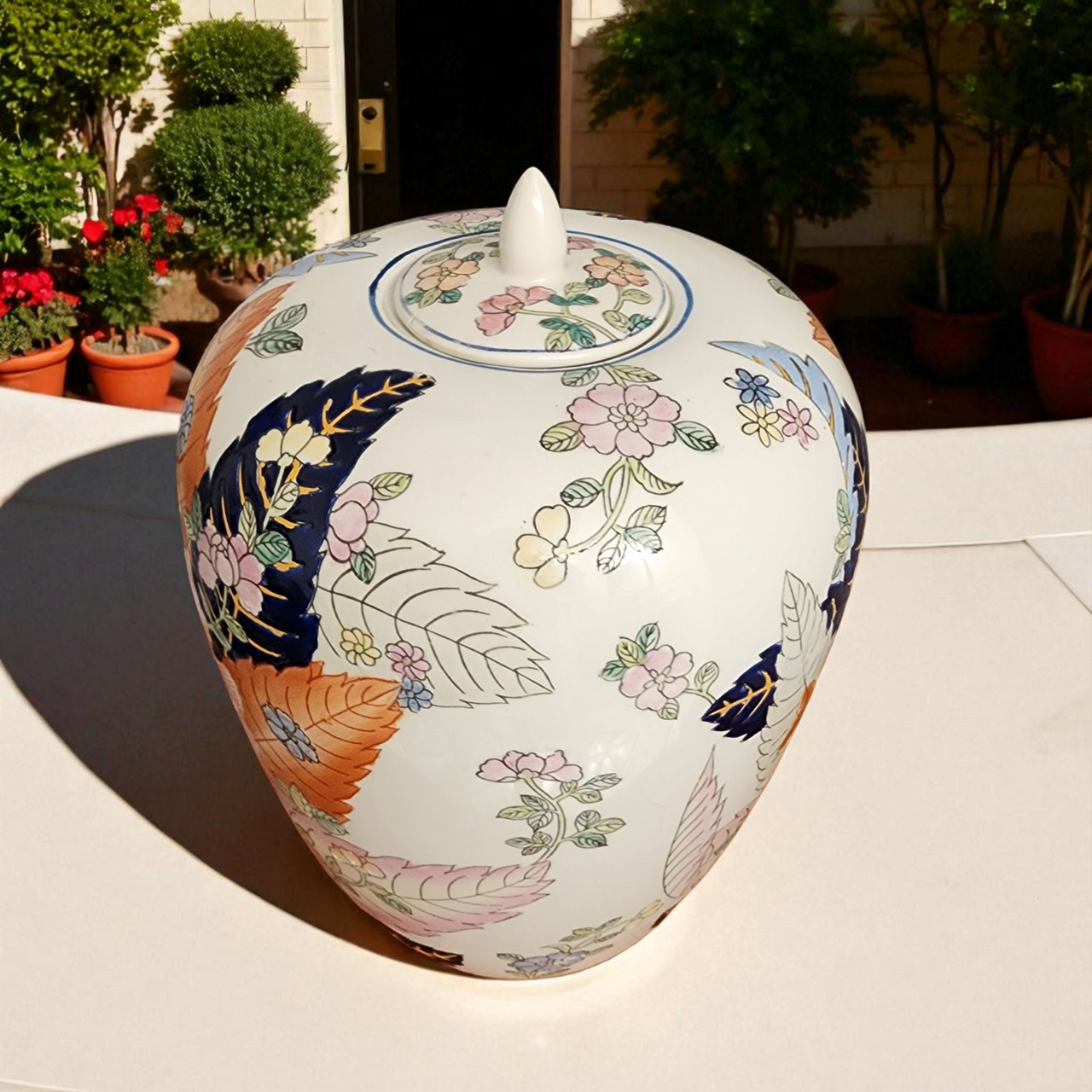 Vintage Chinese Ginger Jar Imari Floral Porcelain Lidded Vase Made in China c.1960s–80s Lid Repair