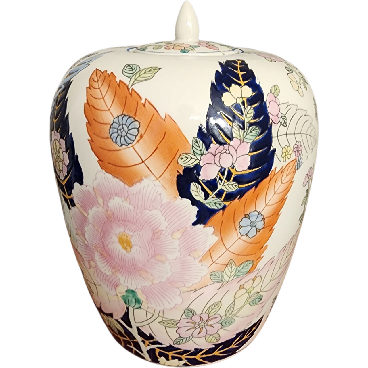 Vintage Chinese Ginger Jar Imari Floral Porcelain Lidded Vase Made in China c.1960s–80s Lid Repair