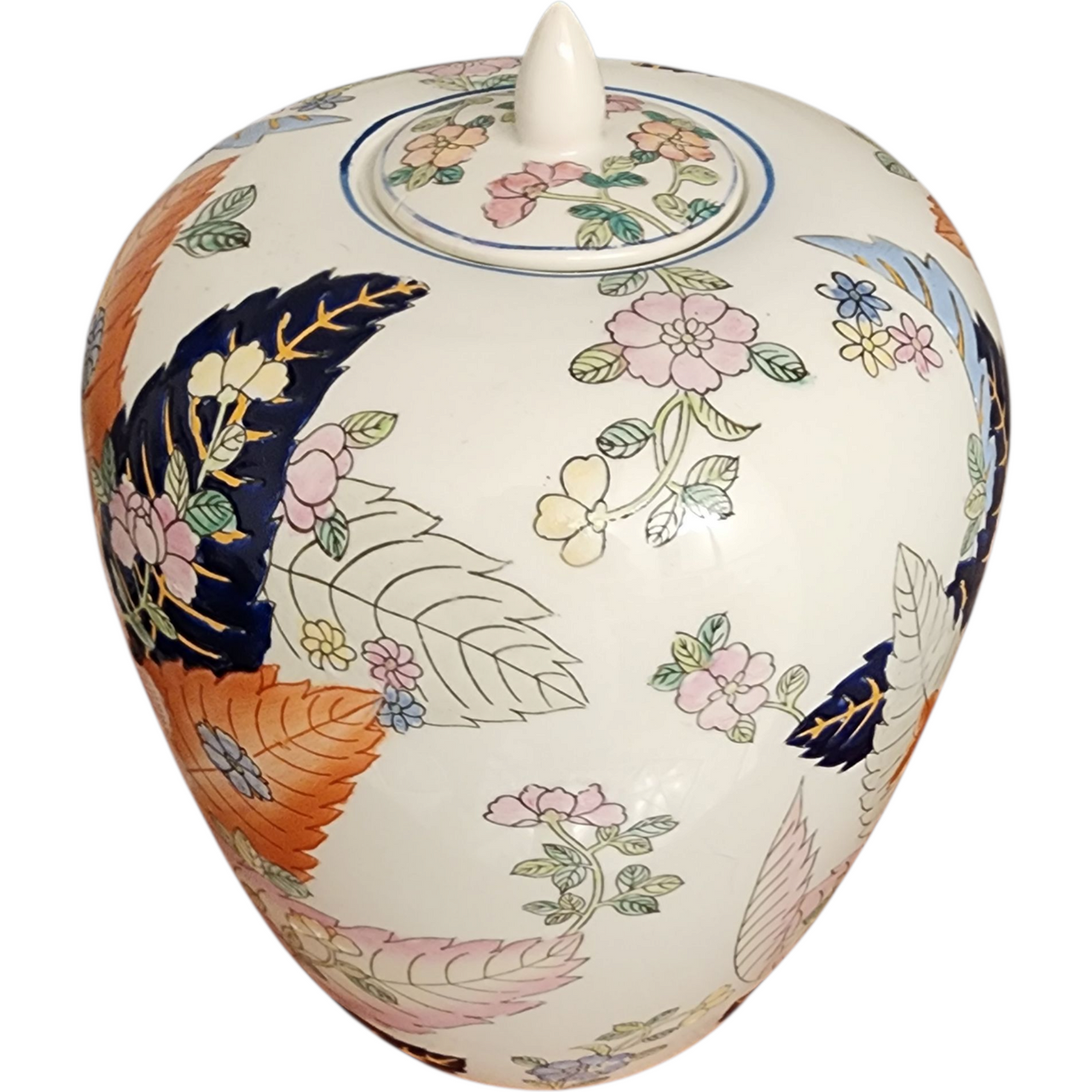Vintage Chinese Ginger Jar Imari Floral Porcelain Lidded Vase Made in China c.1960s–80s Lid Repair