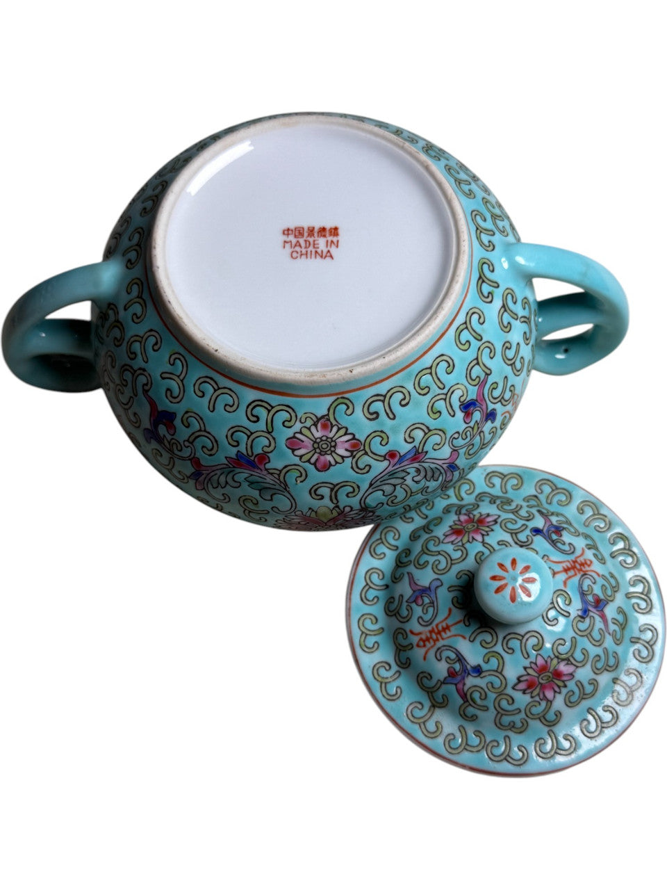 Vintage Chinese Porcelain Sugar Bowl with Lid – Turquoise Floral Enamel, Famille Rose Style, Marked Made in China