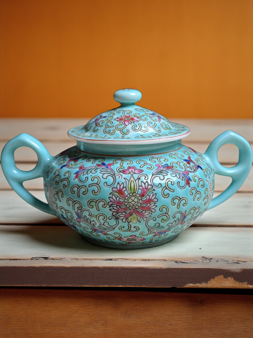 Vintage Chinese Porcelain Sugar Bowl with Lid – Turquoise Floral Enamel, Famille Rose Style, Marked Made in China