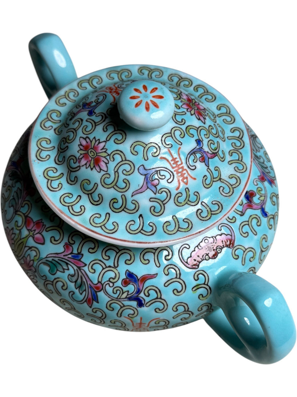 Vintage Chinese Porcelain Sugar Bowl with Lid – Turquoise Floral Enamel, Famille Rose Style, Marked Made in China