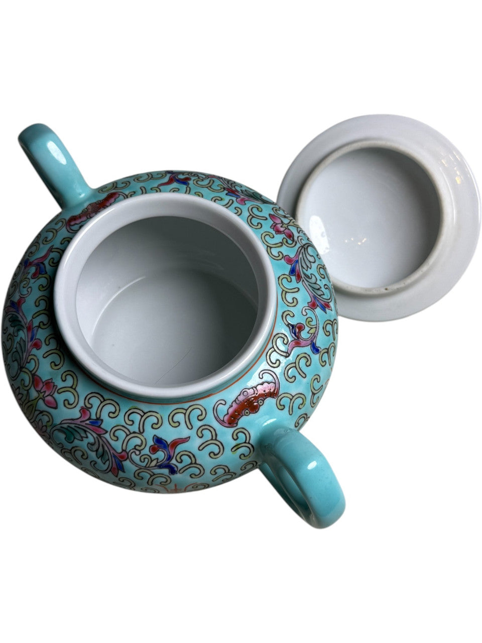 Vintage Chinese Porcelain Sugar Bowl with Lid – Turquoise Floral Enamel, Famille Rose Style, Marked Made in China
