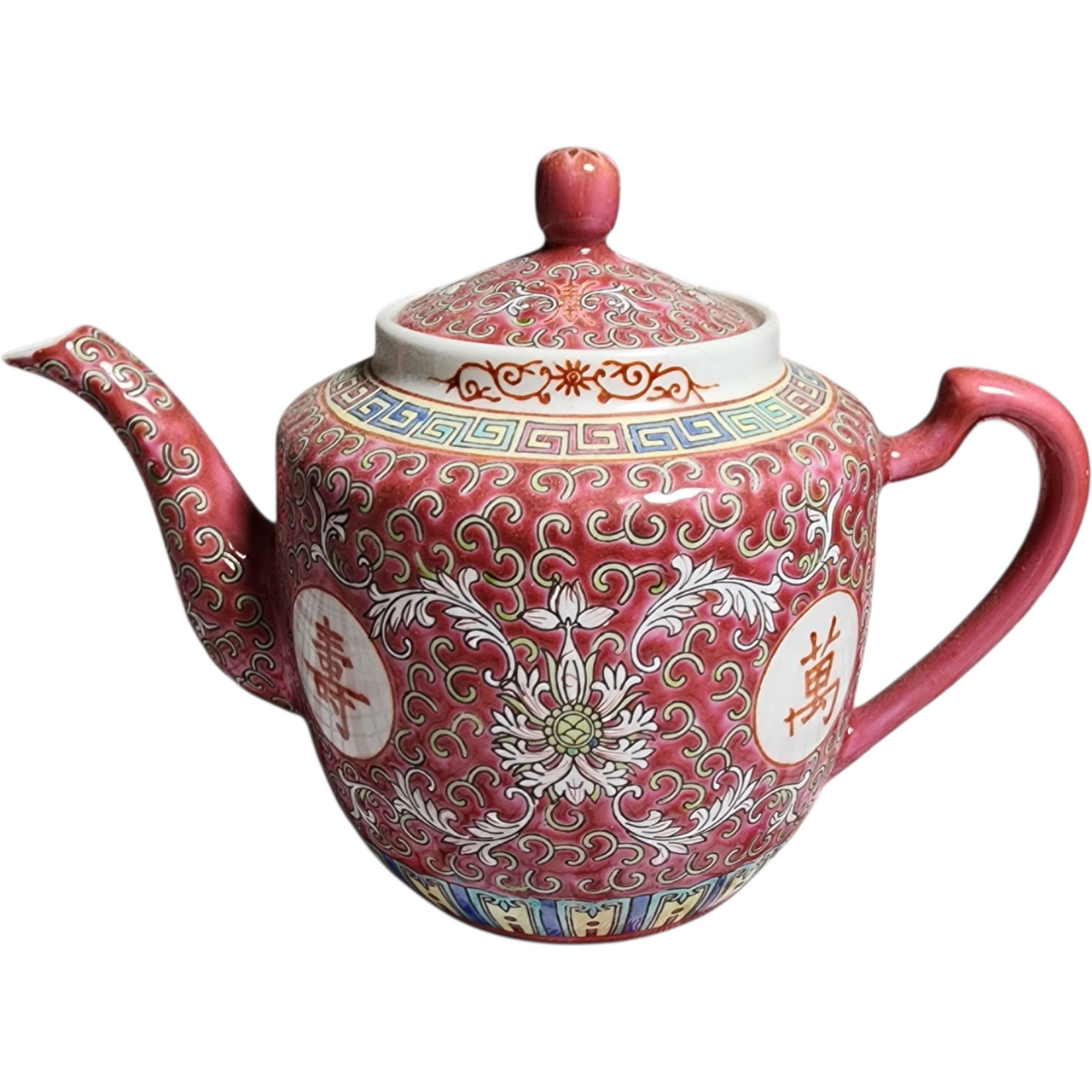 Vintage Chinese Porcelain Teapot Red & White Longevity Symbols Floral Lotus Design Marked Made in China Famille Rose Style