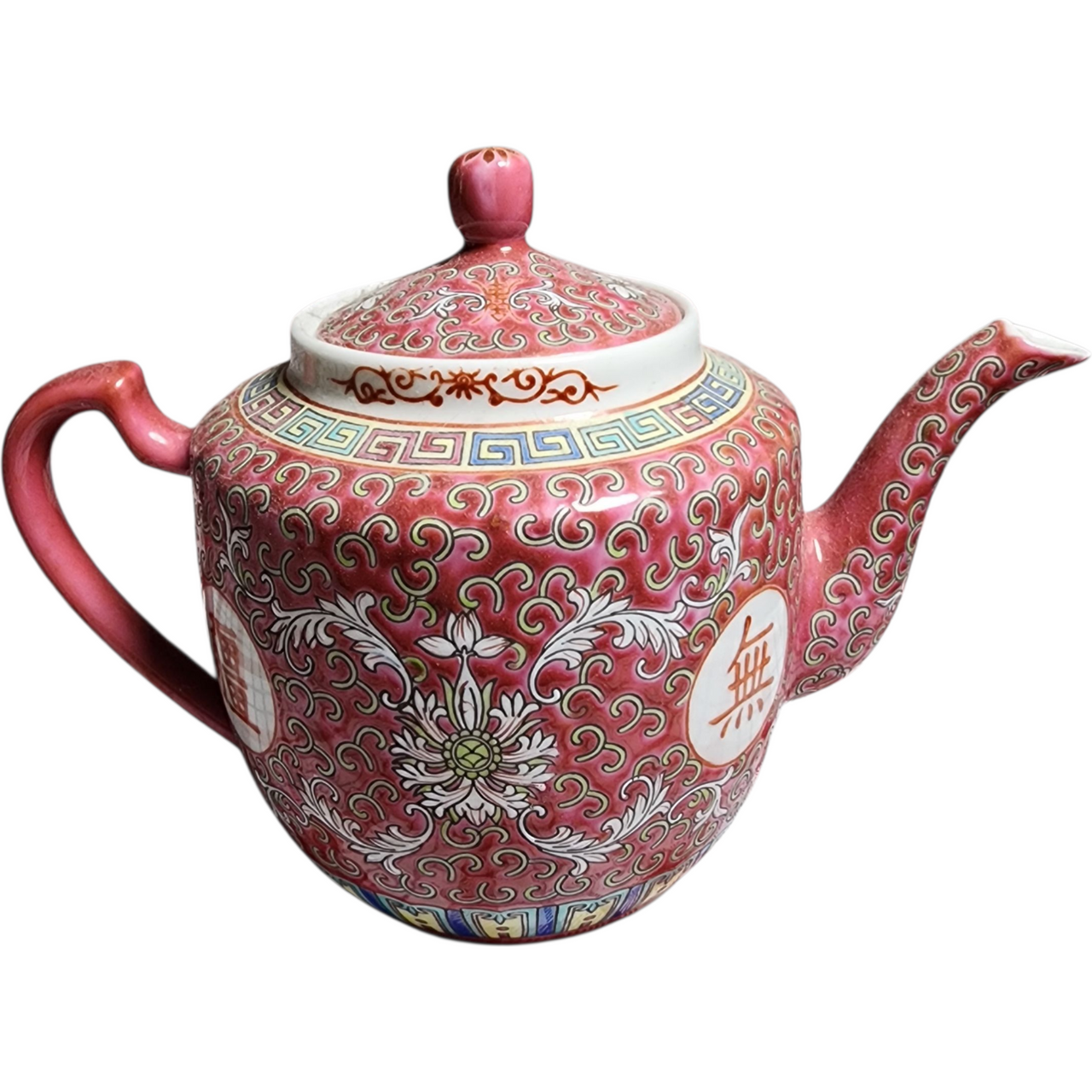 Vintage Chinese Porcelain Teapot Red & White Longevity Symbols Floral Lotus Design Marked Made in China Famille Rose Style