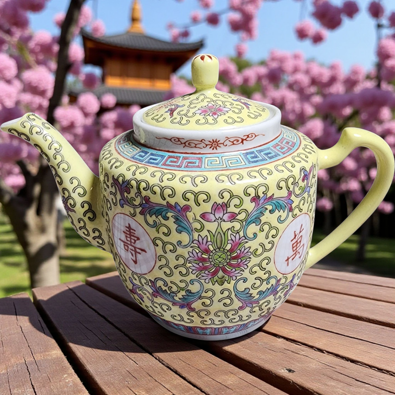 Vintage Chinese Porcelain Teapot Yellow & White Longevity Symbols Floral Lotus Design Marked Made in China Famille Rose Style
