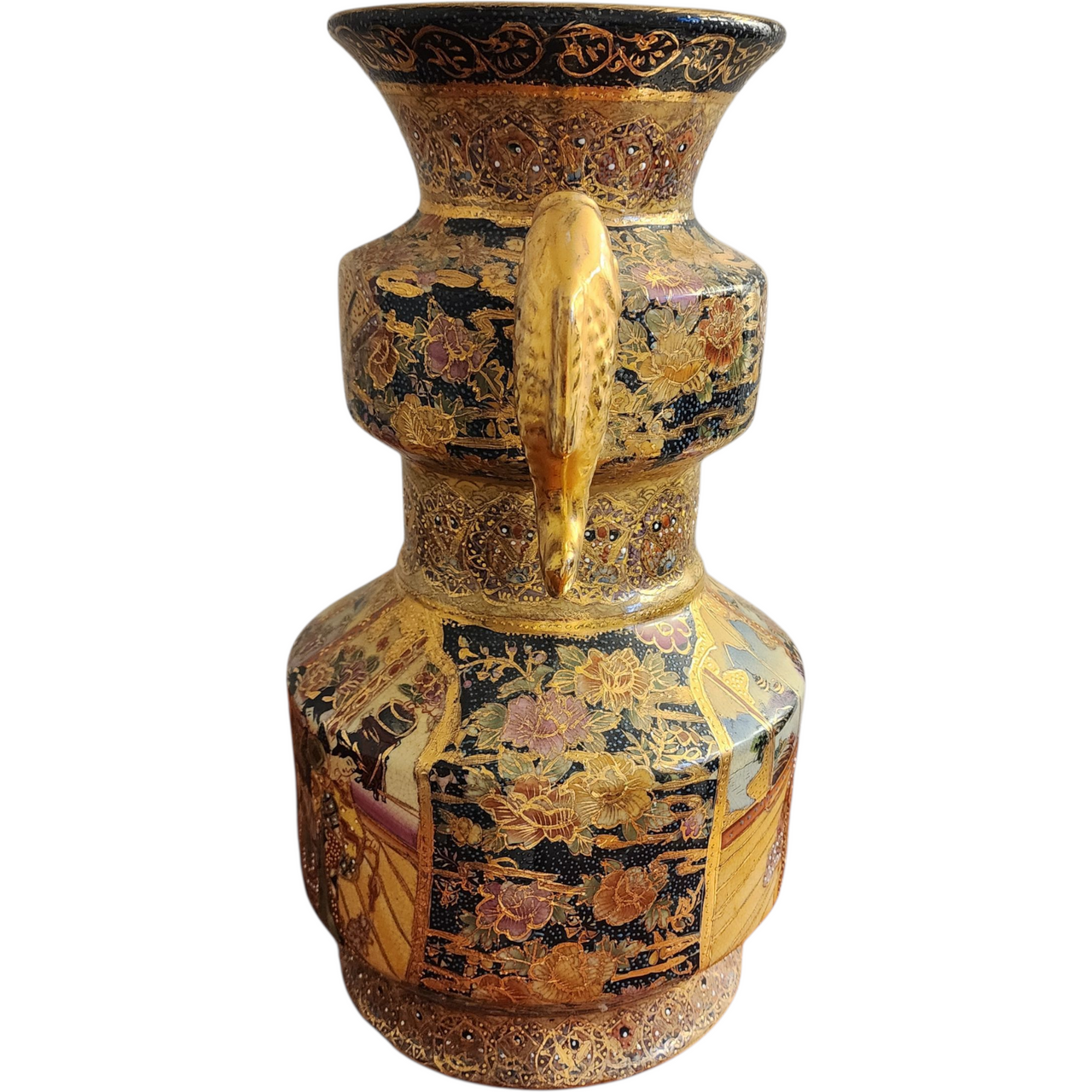 Vintage Chinese Satsuma Vase Hand Painted Porcelain with Gilt & Geisha Scene Mid-20th Century