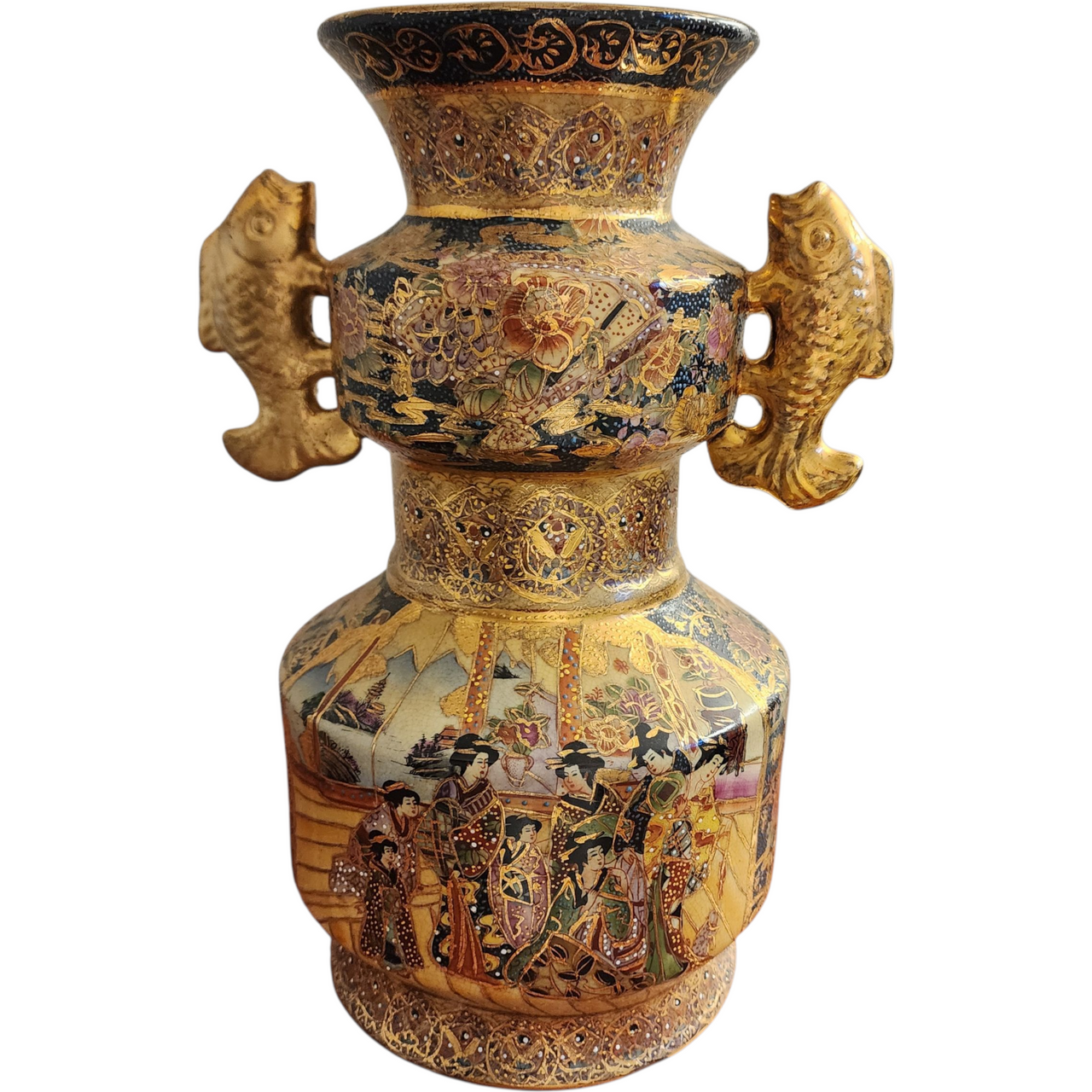 Vintage Chinese Satsuma Vase Hand Painted Porcelain with Gilt & Geisha Scene Mid-20th Century
