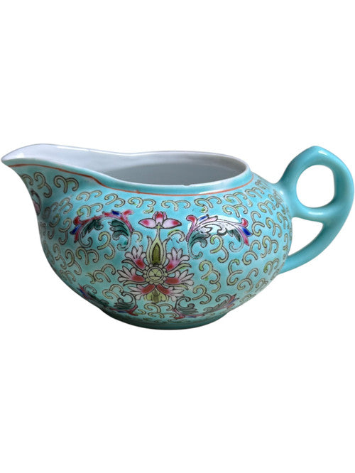 Vintage Chinese Turquoise Famille Rose Creamer Hand-Painted Floral Porcelain Jug Made in China