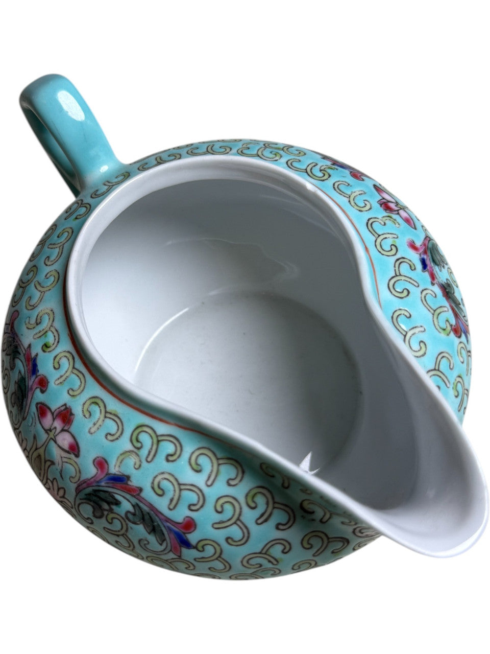 Vintage Chinese Turquoise Famille Rose Creamer Hand-Painted Floral Porcelain Jug Made in China
