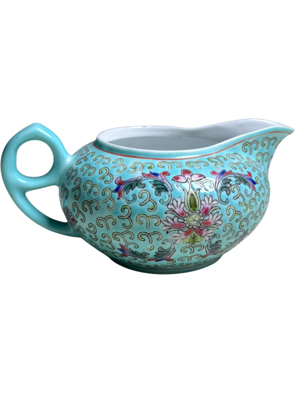 Vintage Chinese Turquoise Famille Rose Creamer Hand-Painted Floral Porcelain Jug Made in China