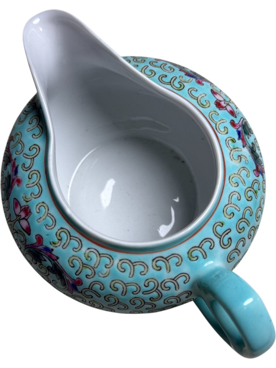 Vintage Chinese Turquoise Famille Rose Creamer Hand-Painted Floral Porcelain Jug Made in China