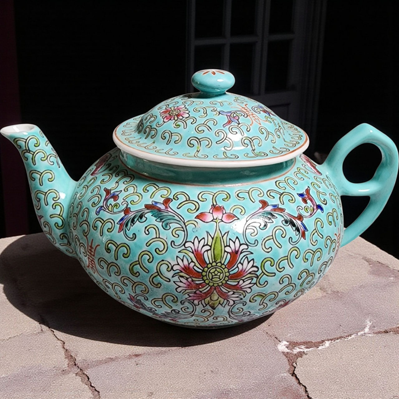 Vintage Chinese Turquoise Porcelain Teapot Famille Rose Floral Hand-Painted Export Mid 20th Century (1950s–1970s)