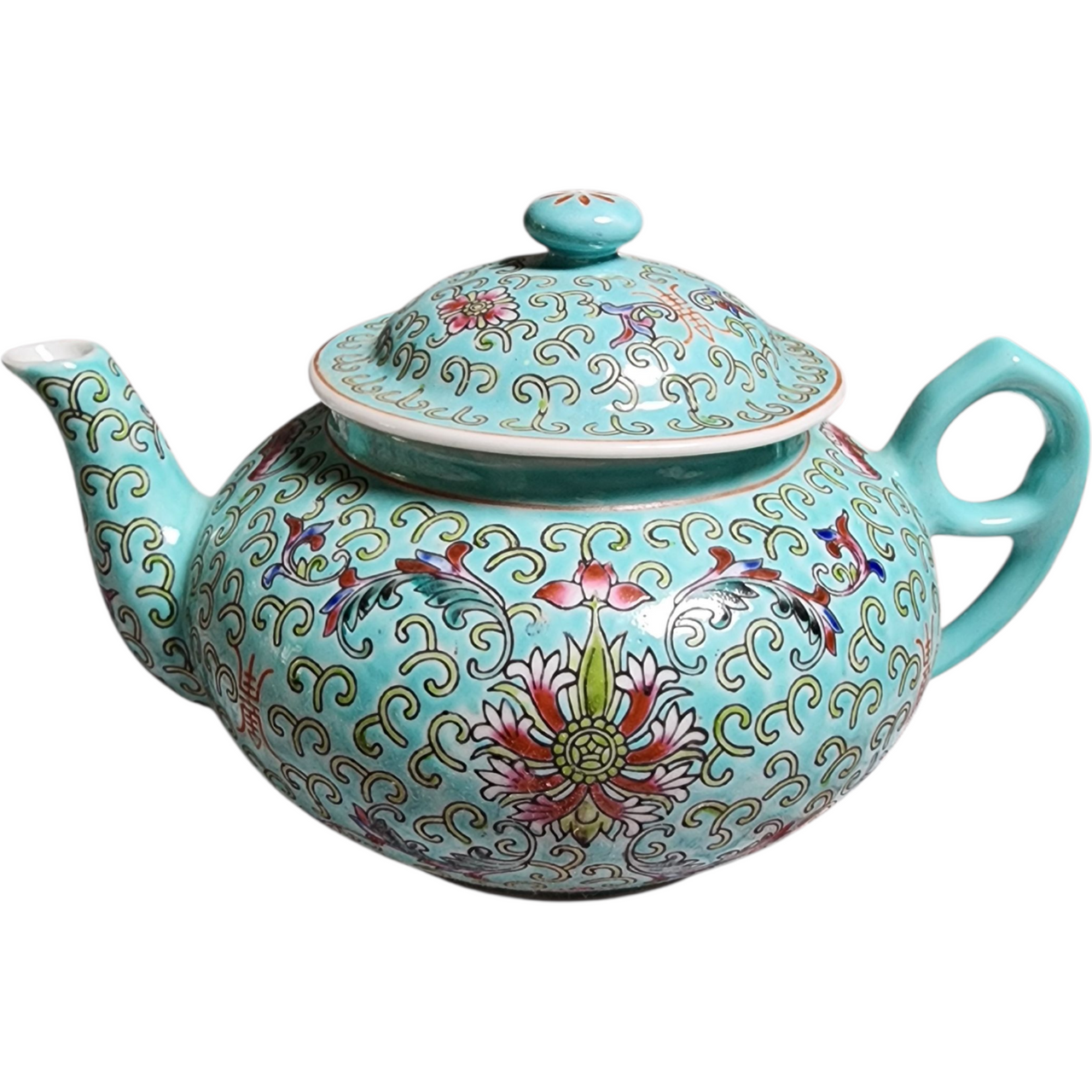 Vintage Chinese Turquoise Porcelain Teapot Famille Rose Floral Hand-Painted Export Mid 20th Century (1950s–1970s)
