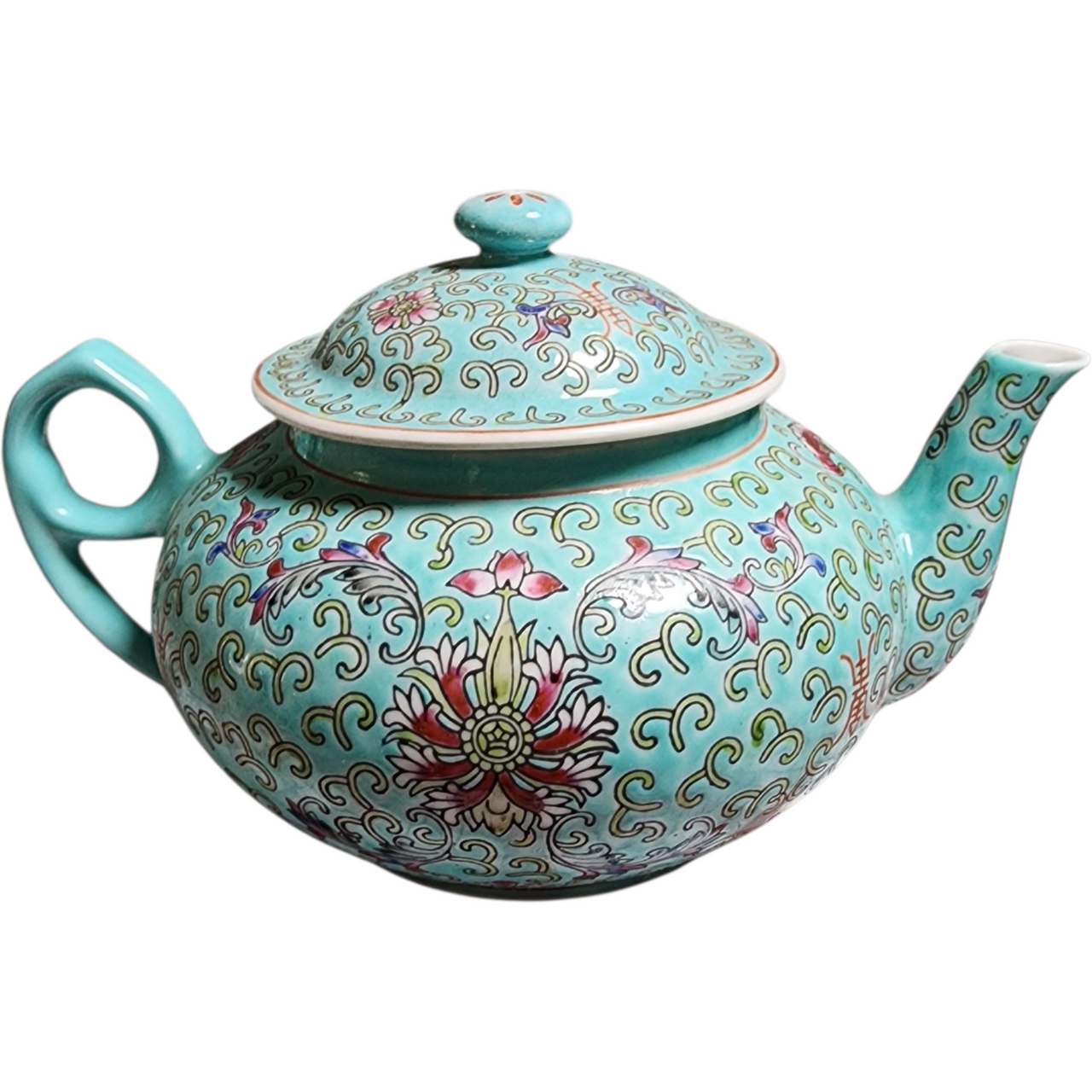 Vintage Chinese Turquoise Porcelain Teapot Famille Rose Floral Hand-Painted Export Mid 20th Century (1950s–1970s)