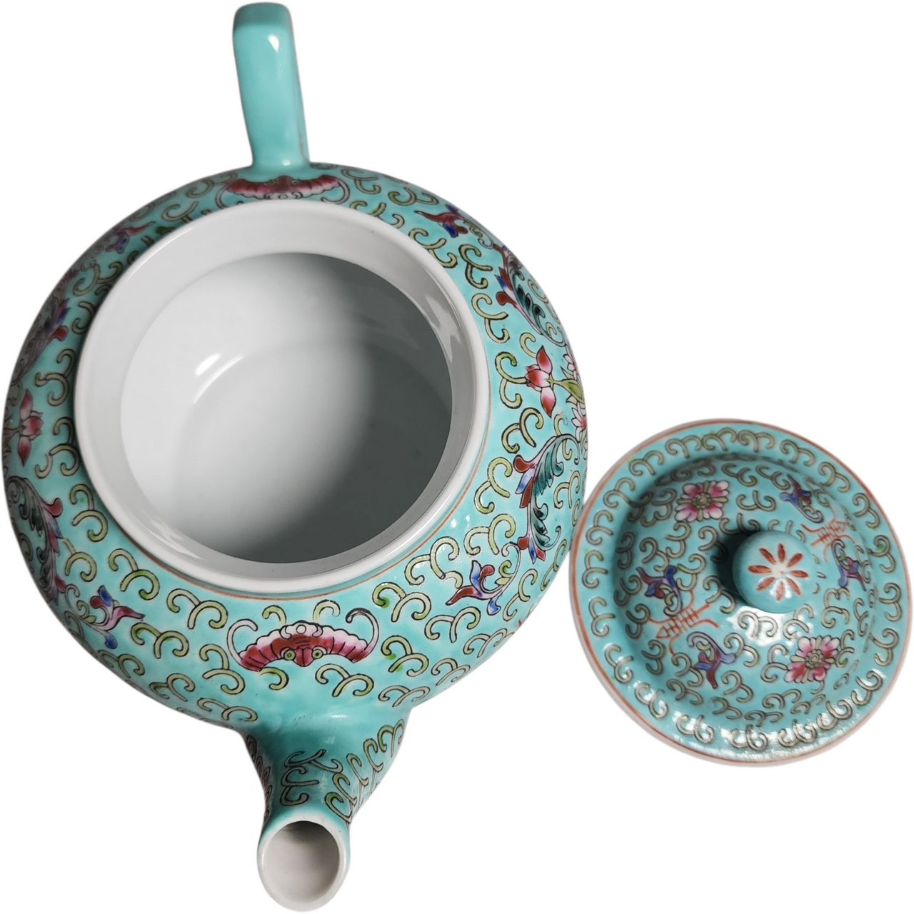 Vintage Chinese Turquoise Porcelain Teapot Famille Rose Floral Hand-Painted Export Mid 20th Century (1950s–1970s)