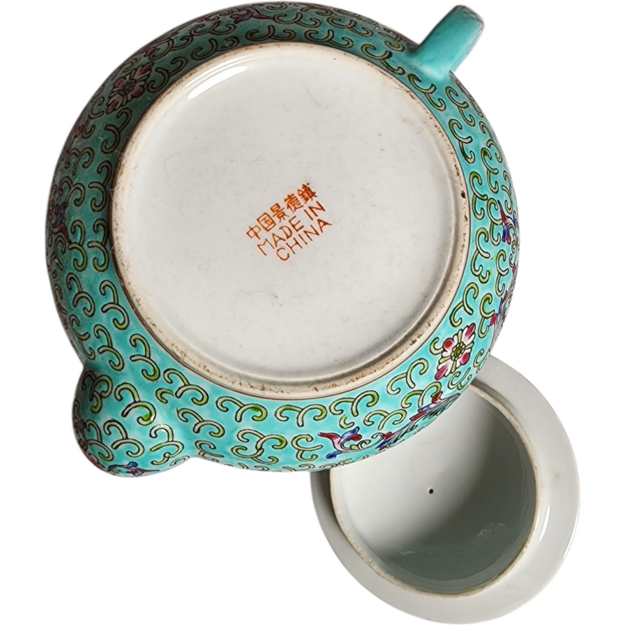 Vintage Chinese Turquoise Porcelain Teapot Famille Rose Floral Hand-Painted Export Mid 20th Century (1950s–1970s)
