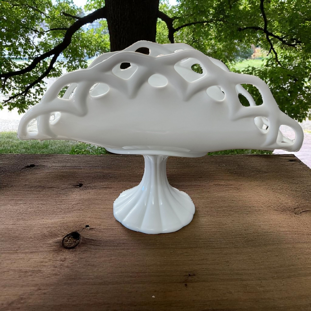Colony Milk Glass Lace Edge Compote Pedestal Bowl Mid Century Wedding & Table Decor
