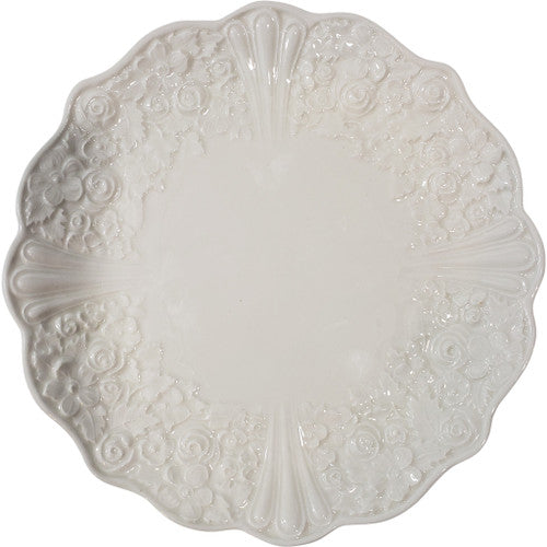 Vintage Czechoslovakia White Embossed Porcelain Salad Plate 8¾″ Scalloped Edge Raised Floral Design
