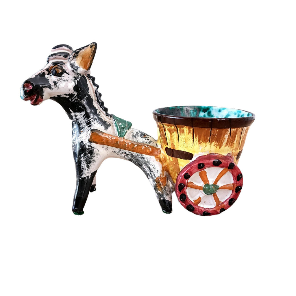 Vintage Donkey Pulling Cart Majolica Jardinière Planter Italy
