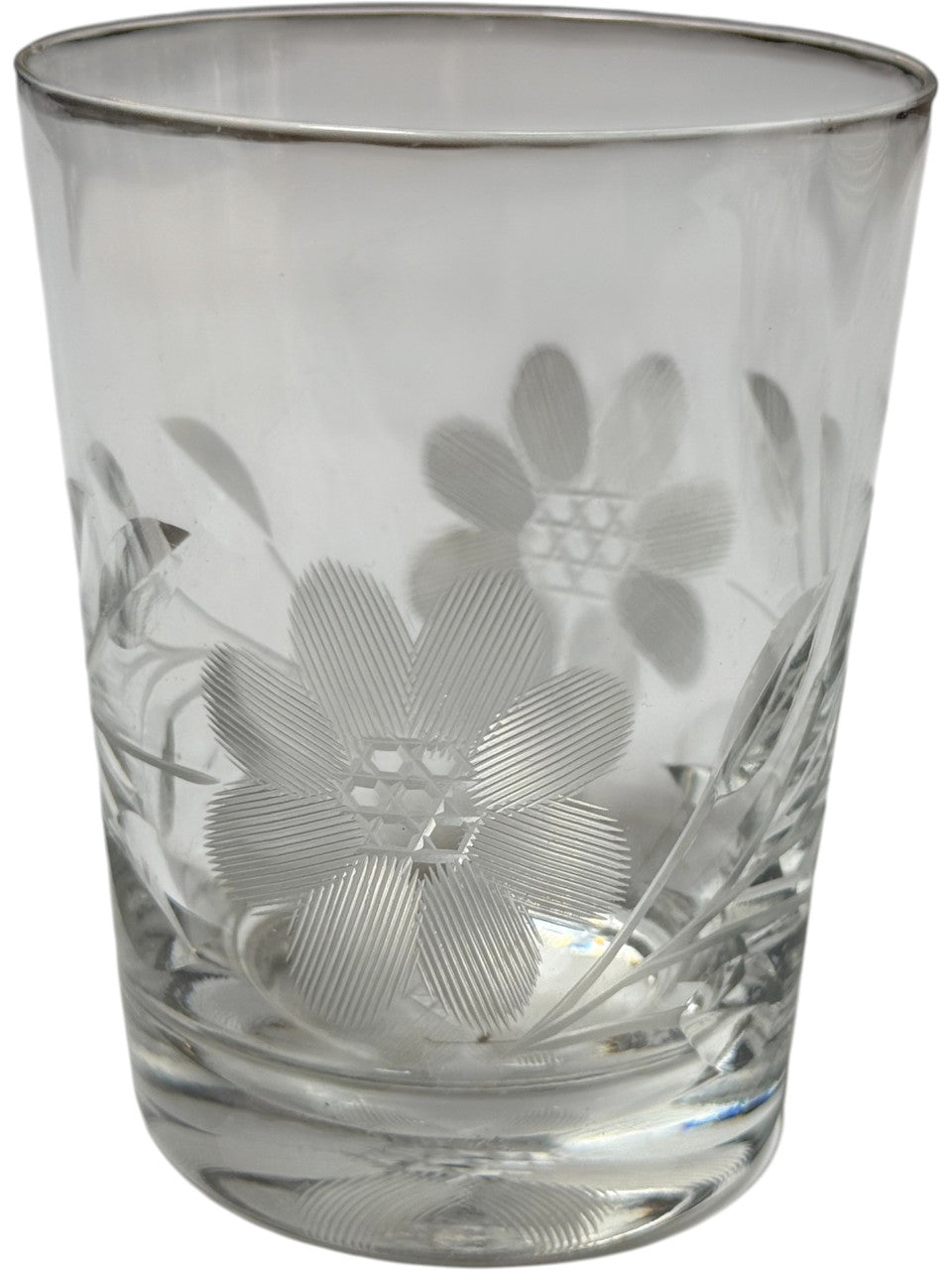 Vintage Etched Floral Crystal Old Fashioned Glass with Silver Rim – Mid-Century Barware
