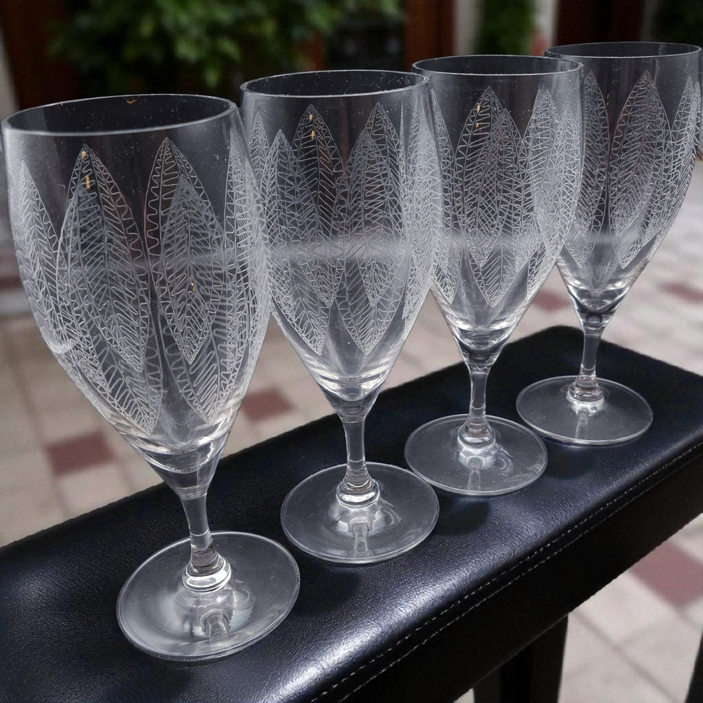 Vintage Etched Leaf Crystal Stemware Set of 4 Mid Century Wine / Water Goblets