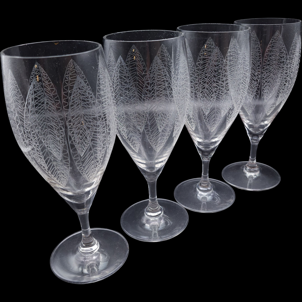 Vintage Etched Leaf Crystal Stemware Set of 4 Mid Century Wine / Water Goblets