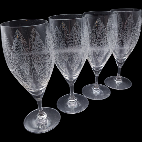 Vintage Etched Leaf Crystal Stemware Set of 4 Mid Century Wine / Water Goblets