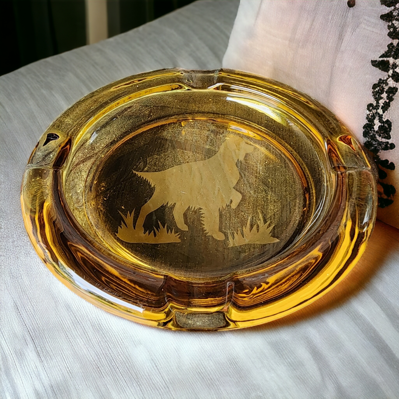 Vintage Golden Retriever Dog  Amber Pressed Glass 8" Ashtray