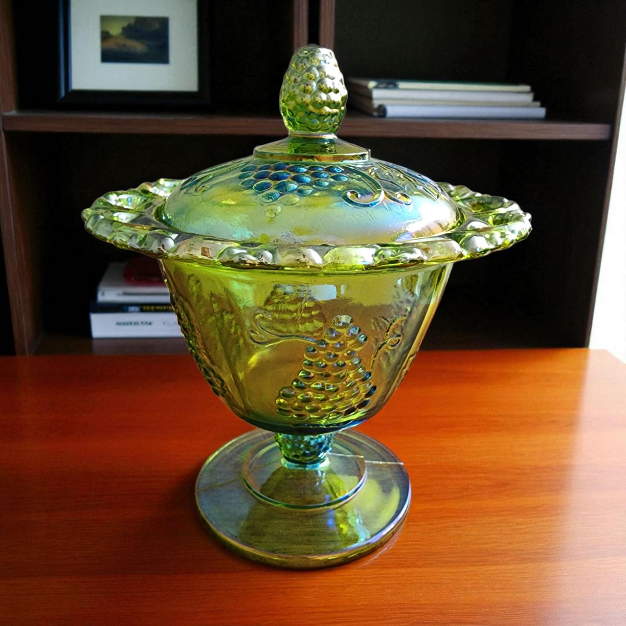 Vintage Green Carnival Glass Grape Pattern Lidded Compote Dish with Lace Rim