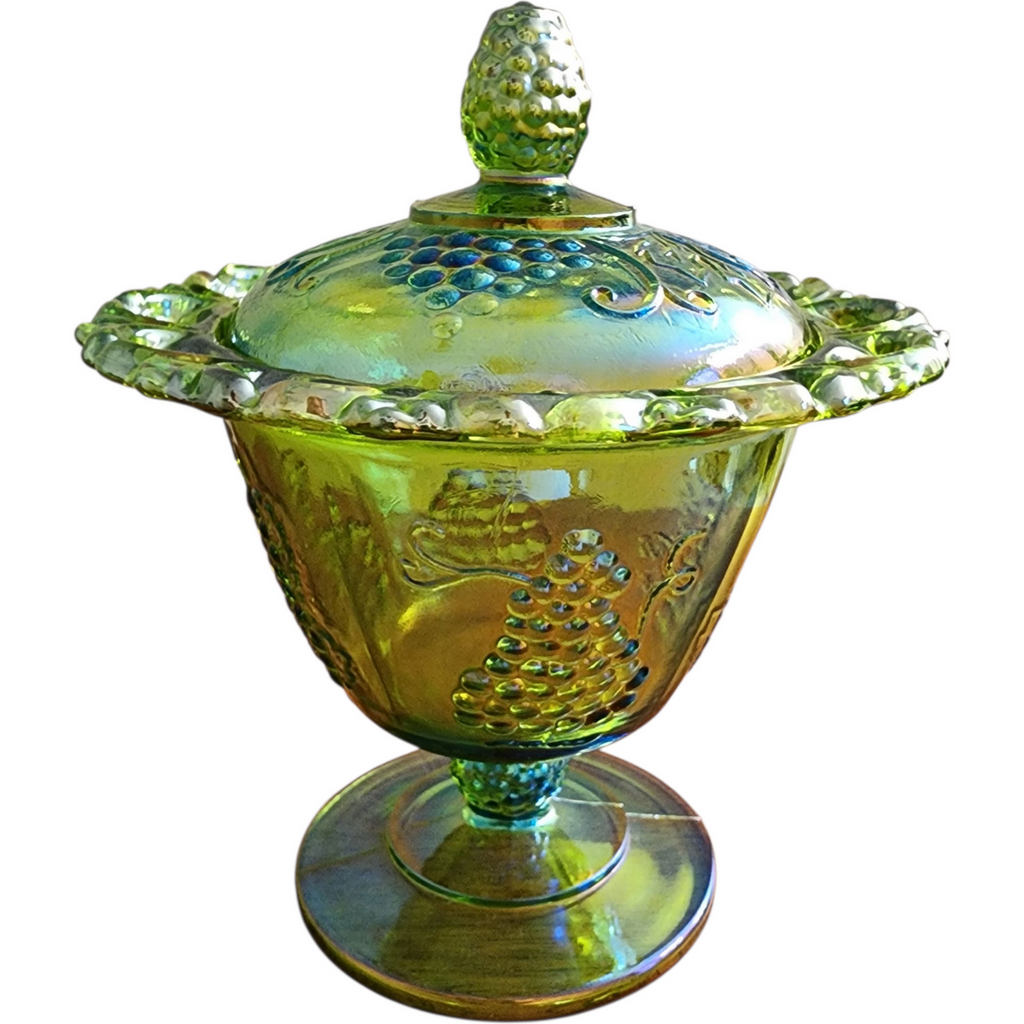 Vintage Green Carnival Glass Grape Pattern Lidded Compote Dish with Lace Rim