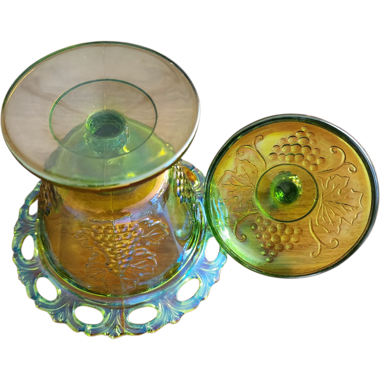 Vintage Green Carnival Glass Grape Pattern Lidded Compote Dish with Lace Rim