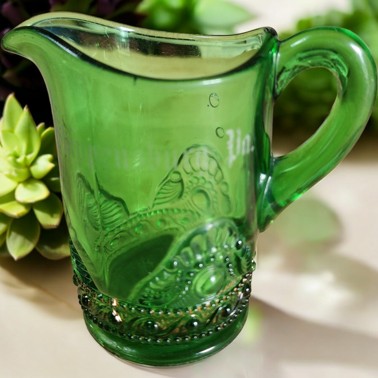 Vintage Green EAPG Early American Pattern Glass Creamer in the "Virginia / U.S. Glass #15112