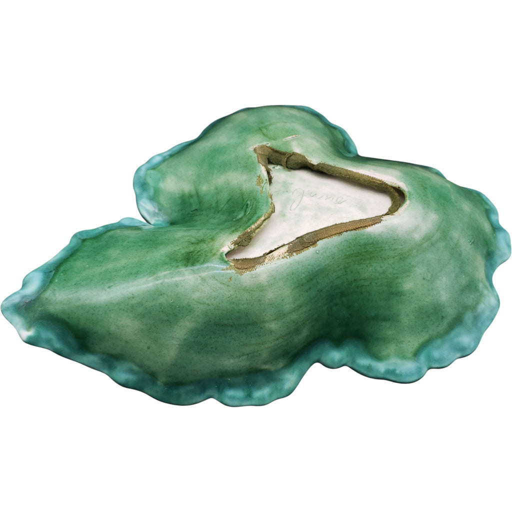 Vintage Green Majolica Style Leaf Shaped Ceramic Dish – Handcrafted Pottery Bowl Signed June