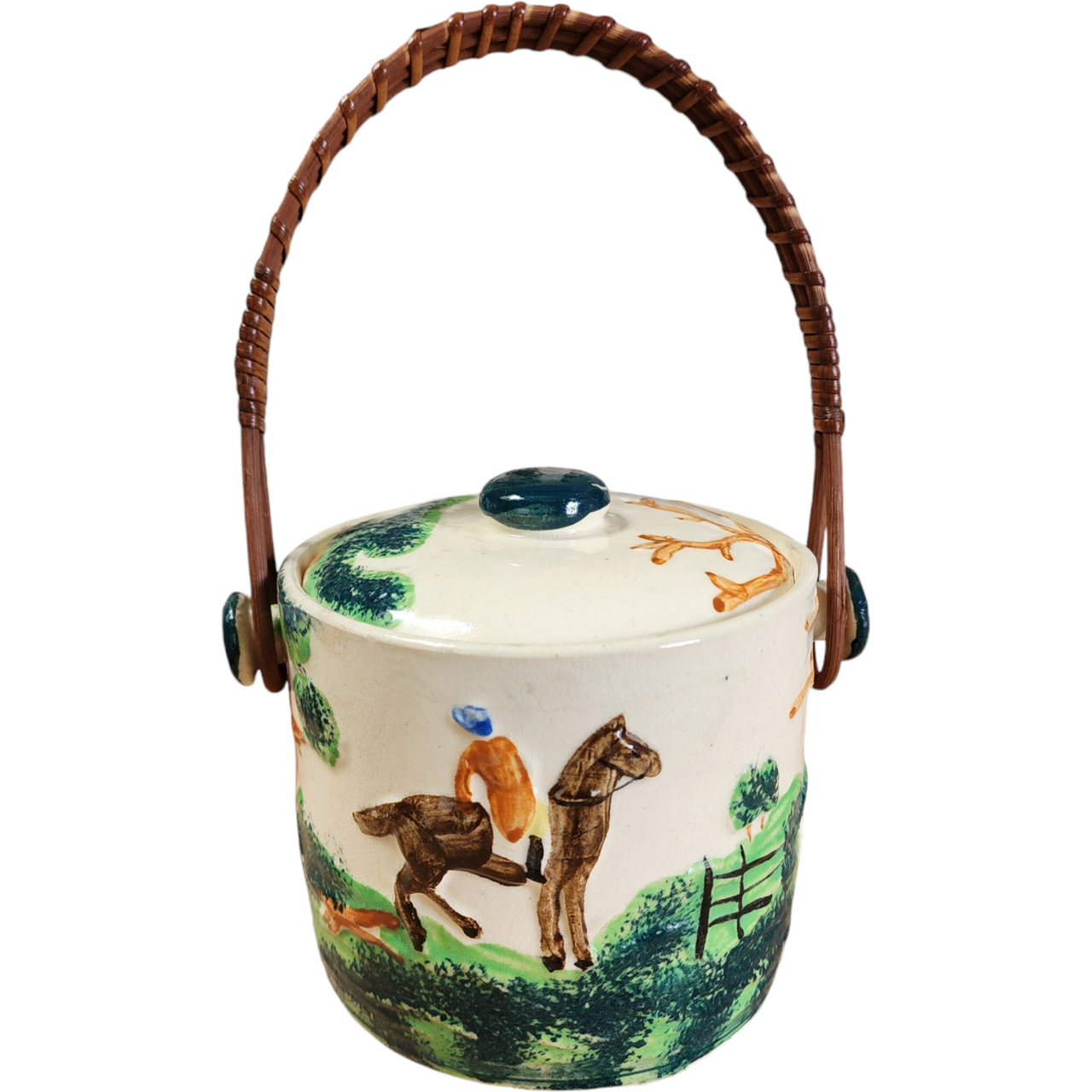 Vintage Hand-Painted Ceramic Biscuit Jar with Lid & Wicker Handle Fox Hunting Scene