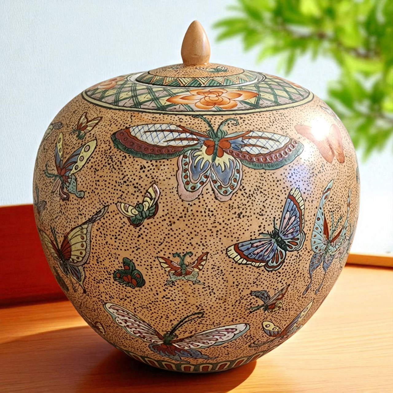 Vintage Hand-Painted Porcelain Ginger Jar with Lid  Butterfly & Floral Motif Multicolor Asian Decorative Vase