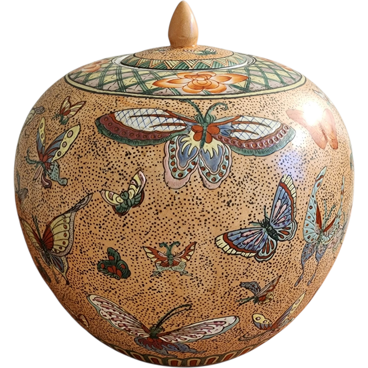 Vintage Hand-Painted Porcelain Ginger Jar with Lid  Butterfly & Floral Motif Multicolor Asian Decorative Vase