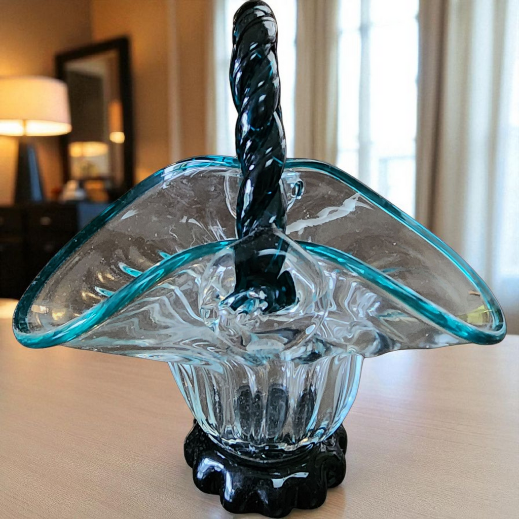 Vintage Hand Blown Glass Basket with Twisted Handle  Clear & Aqua Blue Rim with Dark Base  Murano Style Mid-Century Art Glass